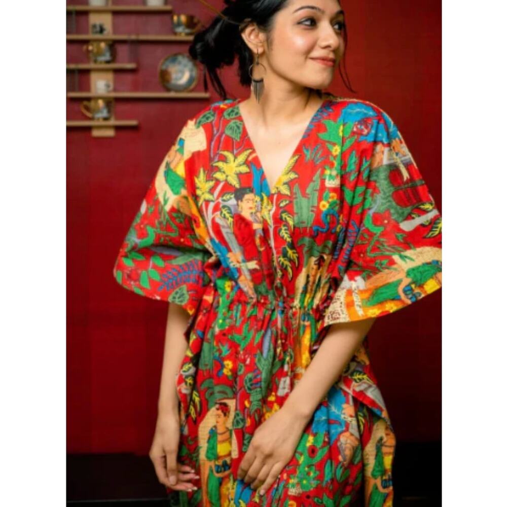 Frida Kahlo Print Kaftan Maxi Dress One Size Red Cotton Resort Caftan Cover Up - Picture 15 of 16